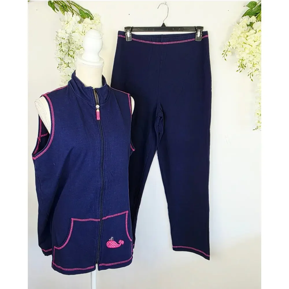 The Quacker Factory Lounge Outfit Set Large Navy Pink Whale Zip Vest Coastal